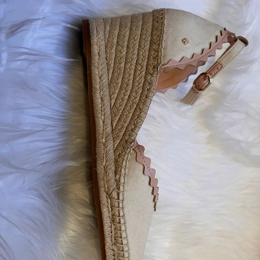 Kate Spade Espadrille Wedge Sandals NWT Cream Canvas Pink Scalloped Ankle Strap